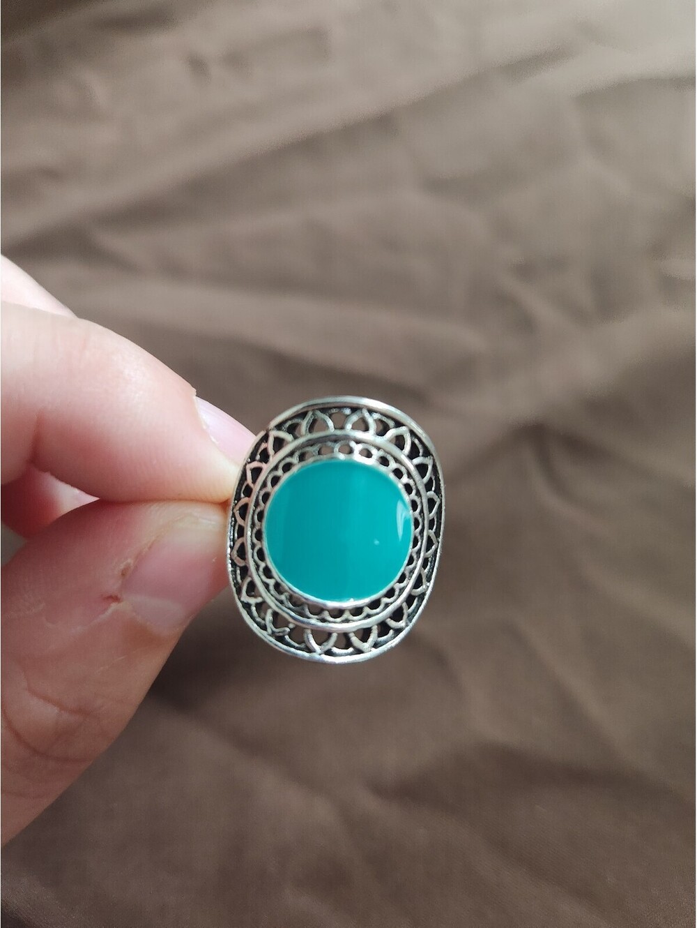 Vintage Style Silver Tone Ring with Turquoise Stone